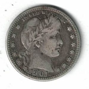 1901 O USA Barber Silver Quarter Dollar Coin. The Obverse features the bust of miss liberty looking right. The reverse features an heraldic eagle.
