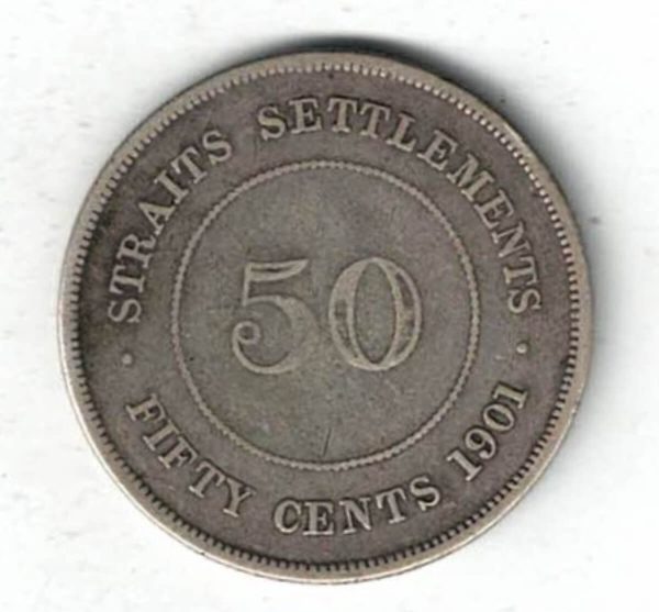 1901 Straits Settlements Fifty Cents Coin. The obverse features the bust of Queen Victoria facing left. All coins are in stock.