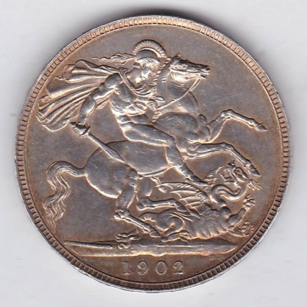 1902 Silver Crown Coin featuring King Edward VII on the Obverse and St George and the dragon reverse. The coin is in extremely fine condition.