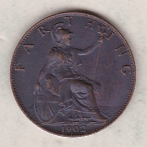 1902 bronze farthing coin featuring King Edward VII on the obverse. The reverse features Britannia with the denomination above and date below.