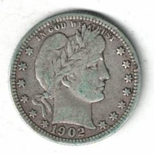 1902 O USA Barber Silver Quarter Dollar Coin. The Obverse features the bust of miss liberty looking right. The reverse features an heraldic eagle.