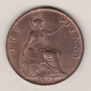 1902 Bronze Penny coin. The obverse features the portrait of King Edward VII. The coin depicts Britannia seated to the right on the Reverse.