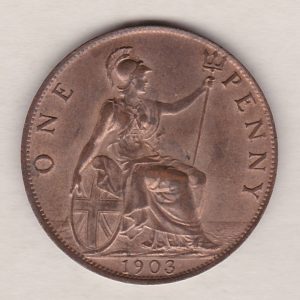 1903 Bronze Penny coin. The obverse features the portrait of King Edward VII. The coin depicts Britannia seated to the right on the Reverse.