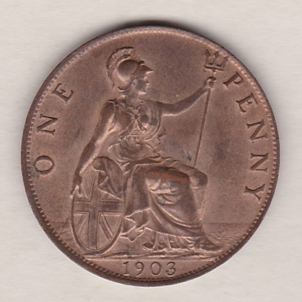 1903 Bronze Penny coin. The obverse features the portrait of King Edward VII. The coin depicts Britannia seated to the right on the Reverse.