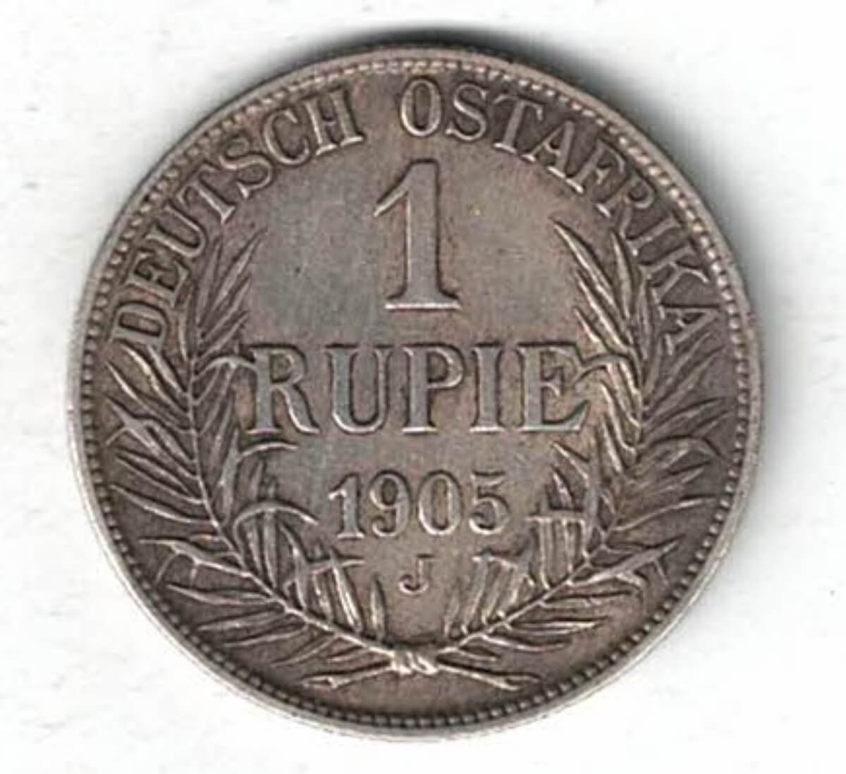 1905 J German East Africa Silver One Rupee Coin. The obverse features the bust of Wilhelm II facing left. All coins are in stock.