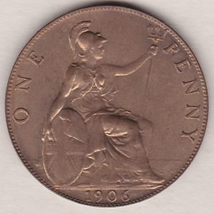 1906 Bronze Penny coin. The obverse features the portrait of King Edward VII. The coin depicts Britannia seated to the right on the Reverse.