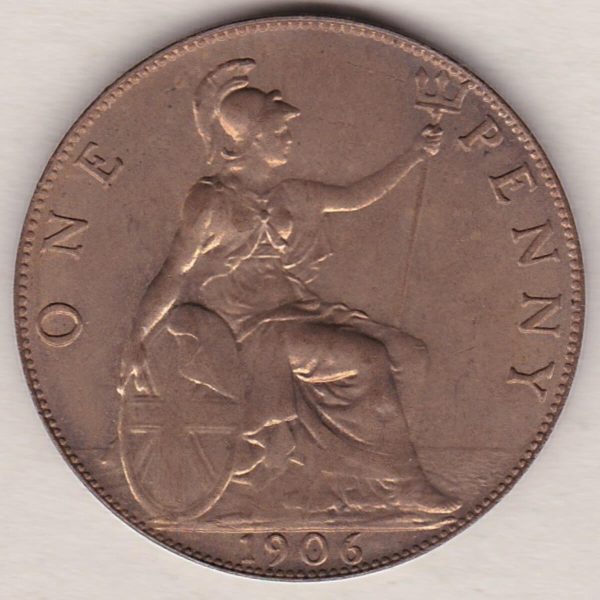 1906 Bronze Penny coin. The obverse features the portrait of King Edward VII. The coin depicts Britannia seated to the right on the Reverse.