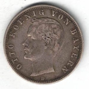 1907 D Germany Silver Two Mark Coin featuring the bust of Otto facing left above mint mark. The reverse a crowned imperial German eagle