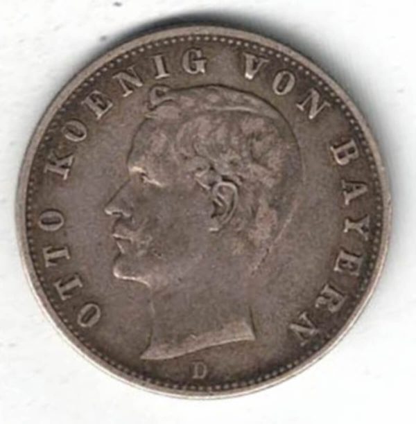 1907 D Germany Silver Two Mark Coin featuring the bust of Otto facing left above mint mark. The reverse a crowned imperial German eagle