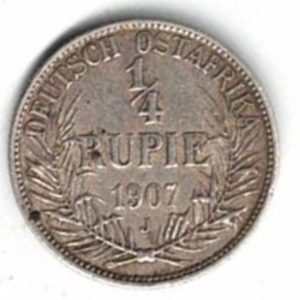 1907 J German East Africa Silver Quarter Rupee Coin. The obverse features the bust of Wilhelm II facing left. All coins are in stock.
