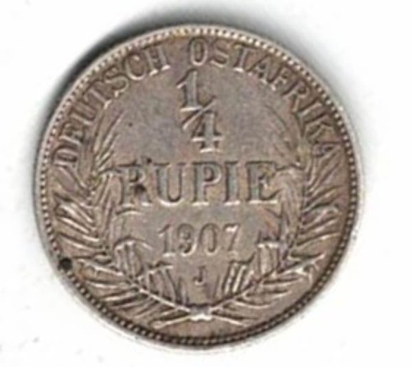 1907 J German East Africa Silver Quarter Rupee Coin. The obverse features the bust of Wilhelm II facing left. All coins are in stock.