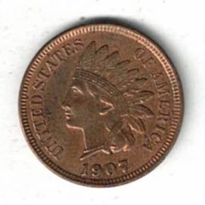 1907 USA Bronze One Cent Coin. The Obverse features a liberty with Indian headdress. The reverse features a shield and wreath with lettering.