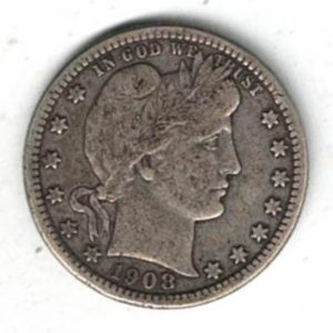 1908 USA Barber Silver Quarter Dollar Coin. The Obverse features the bust of miss liberty looking right. The reverse features an heraldic eagle.