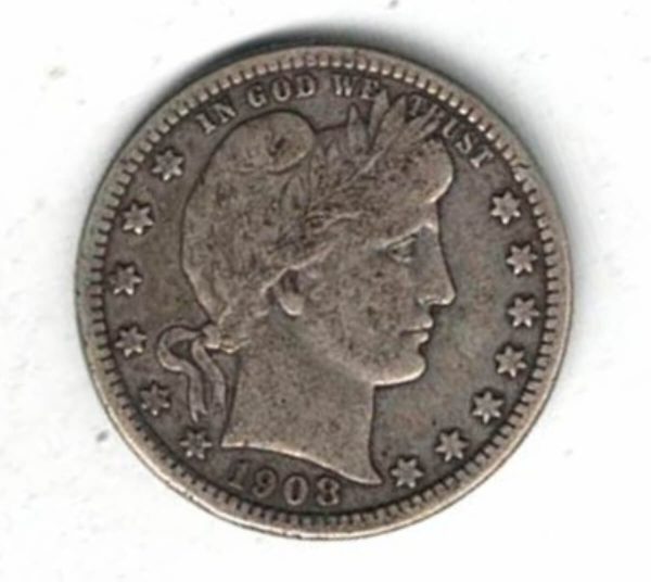 1908 USA Barber Silver Quarter Dollar Coin. The Obverse features the bust of miss liberty looking right. The reverse features an heraldic eagle.