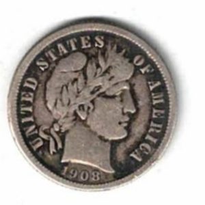1908 O USA Silver One Dime Coin. The Obverse features the liberty head facing right. The reverse features the value within wreath.