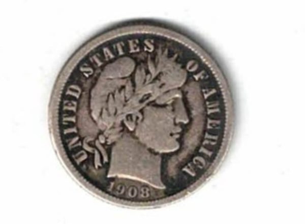 1908 O USA Silver One Dime Coin. The Obverse features the liberty head facing right. The reverse features the value within wreath.