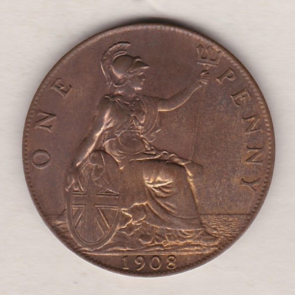 1908 Bronze Penny coin. The obverse features the portrait of King Edward VII. The coin depicts Britannia seated to the right on the Reverse.