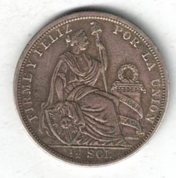 1908 Peru Silver Half Sol Coin. The obverse features the coat of arms surrounded with legend and date below. All coins are in stock.