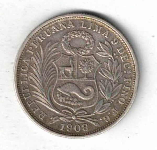 1908 Peru Silver Half Sol Coin - Image 2