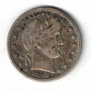 1909 USA Barber Silver Quarter Dollar Coin. The Obverse features the bust of miss liberty looking right. The reverse features an heraldic eagle.