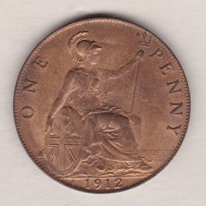 1912 H Bronze Penny coin. The obverse features the portrait of King George V. The coin depicts Britannia seated to the right on the Reverse.