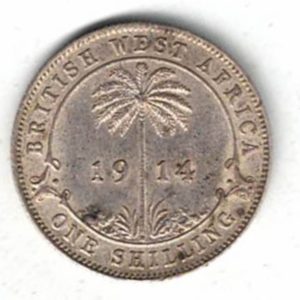 1914 H British West Africa Silver Shilling Coin. The obverse features the bust of king George V facing left. All coins are in stock.