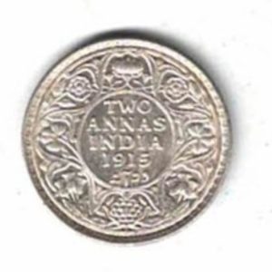 1915 B India Silver Two Annas Coin . The obverse side of this coin features the portrait of King George V. All coins are in stock.
