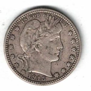 1915 D USA Barber Silver Quarter Dollar Coin. The Obverse features the bust of miss liberty looking right. The reverse features an heraldic eagle.