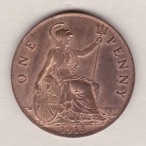 1915 Bronze Penny coin. The obverse features the portrait of King George V. The coin depicts Britannia seated to the right on the Reverse.