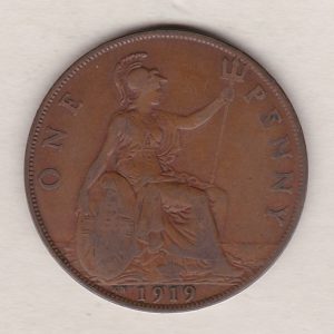 1919 KN Bronze Penny coin. The obverse features the portrait of King George V. The coin depicts Britannia seated to the right on the Reverse.