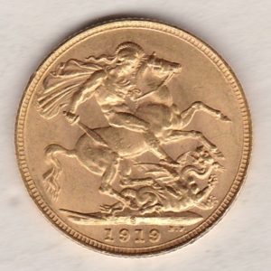 1919 S Gold Sovereign Coin. The coin features King George V on the Obverse. St George and the dragon on the reverse. The S Sydney, Australia Mintmark.