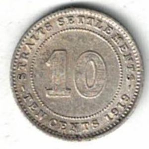 1919 Straits Settlements Ten Cents Coin. The obverse features the bust of George V facing left. All coins are in stock for dispatch.