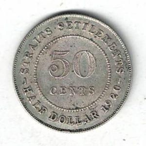 1920 Straits Settlements Fifty Cents Coin . The obverse features the bust of George V facing left. All coins are in stock for dispatch.