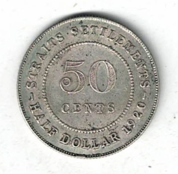 1920 Straits Settlements Fifty Cents Coin . The obverse features the bust of George V facing left. All coins are in stock for dispatch.