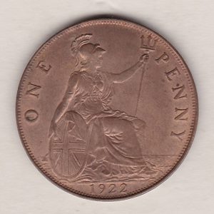1922 Bronze Penny coin. The obverse features the portrait of King George V. The coin depicts Britannia seated to the right on the Reverse.