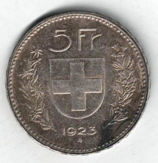 1923 B Switzerland Silver Five Francs Coin. The obverse features the bust of a herdsman. All coins are in stock for dispatch.