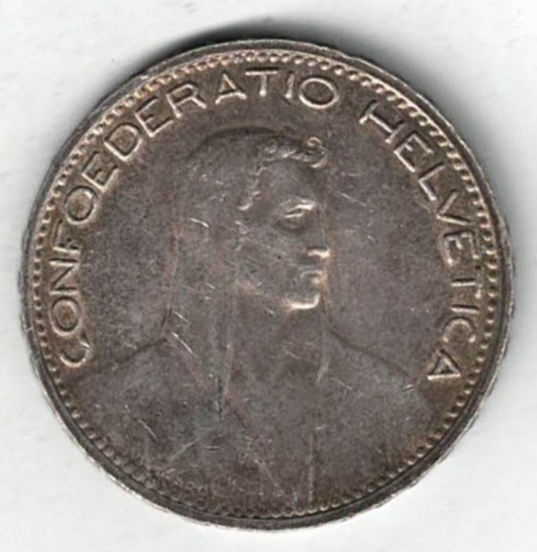 1923 B Switzerland Silver Five Francs Coin - Image 2