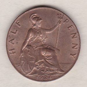 1924 Bronze Halfpenny coin featuring the portrait of King George V on the obverse. The reverse side of the coin depicts Britannia seated to the right.