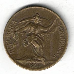 1924 Portugal One Escudo Coin. The obverse features a sitting figure. The reverse features a shield within design circle. 
