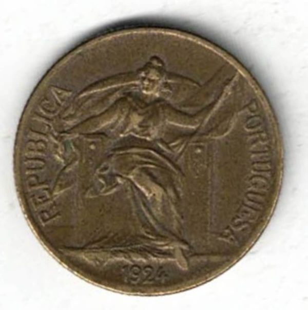 1924 Portugal One Escudo Coin. The obverse features a sitting figure. The reverse features a shield within design circle. 