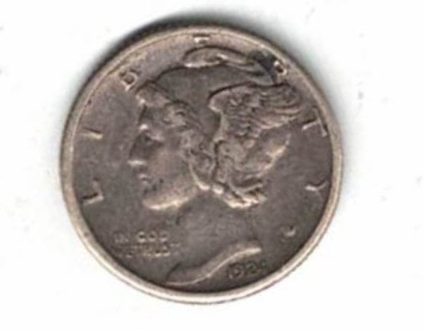 1924 S USA Mercury Silver One Dime Coin. The Obverse features Liberty wearing a winged Phrygian cap. The reverse features a fasces and olive branch.