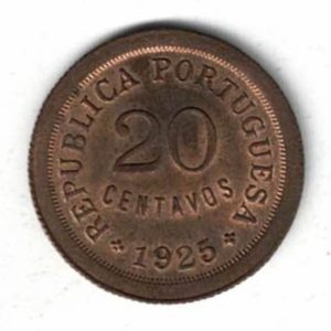1925 Portugal Bronze Twenty Centavos Coin. The obverse features the value with date below. The reverse features a liberty head facing left.