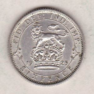 1925 Silver Sixpence coin featuring King George V on the Obverse. The Reverse features a crowned lion with date and denomination.