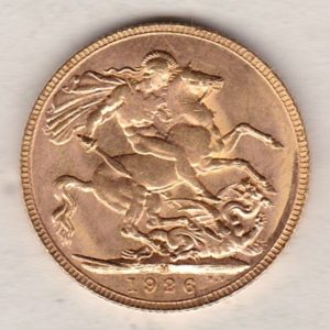 1926 M Gold Sovereign Coin. The coin features King George V on the Obverse. St George and the dragon on the reverse. The M Melbourne, Australia Mintmark.
