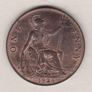 1926 Bronze Penny coin. The obverse features the portrait of King George V. The coin depicts Britannia seated to the right on the Reverse.