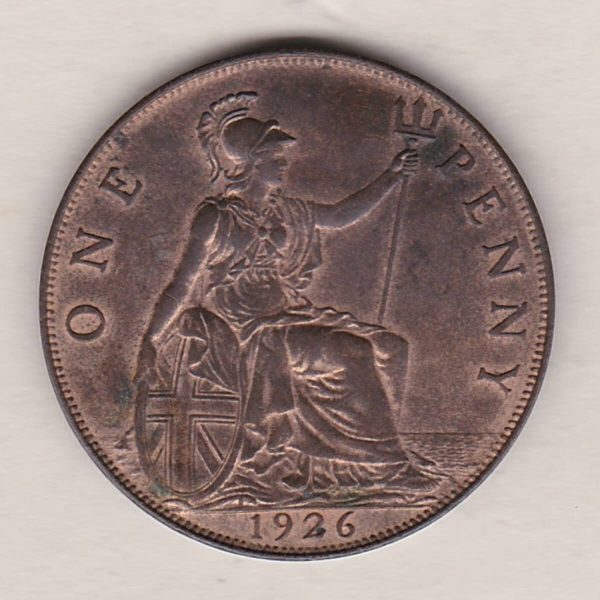 1926 Bronze Penny coin. The obverse features the portrait of King George V. The coin depicts Britannia seated to the right on the Reverse.