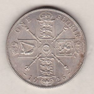 1926 Silver Florin coin. The portrait of King George V on the Obverse. The crowned cruciform shields around central Garter star on the reverse.