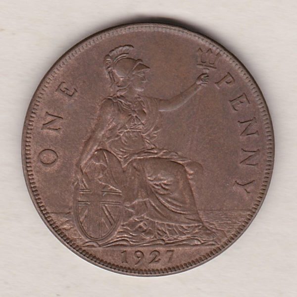 1927 Bronze Penny coin. The obverse features the portrait of King George V. The coin depicts Britannia seated to the right on the Reverse.