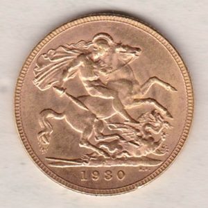 1930 P Gold Sovereign Coin. The coin features King George V on the Obverse. St George and the dragon on the reverse. The P - Perth, Australia mintmark.
