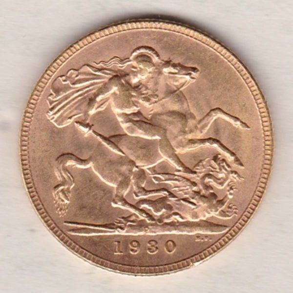 1930 P Gold Sovereign Coin. The coin features King George V on the Obverse. St George and the dragon on the reverse. The P - Perth, Australia mintmark.